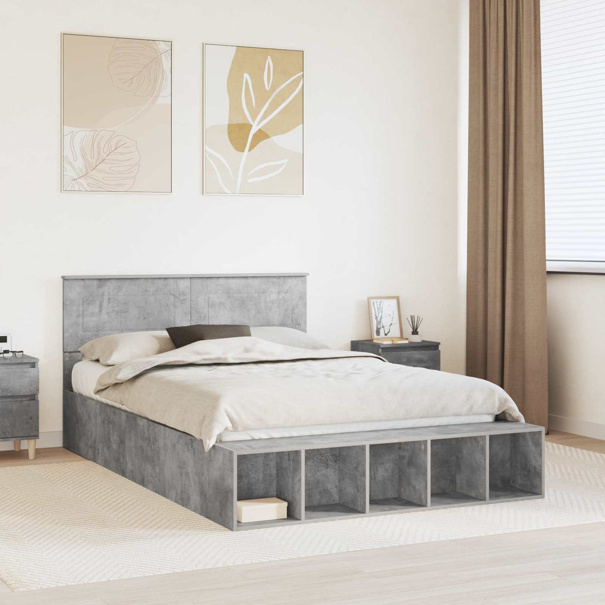 vidaXL Bed Frame with Shelf Concrete Grey 160 x 200 cm Engineered Wood 1