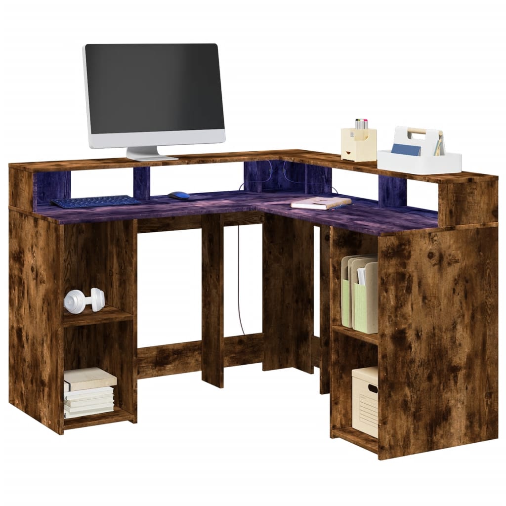 vidaXL Desk with LED Lights Smoked Oak 130x130x91 cm Engineered Wood 1