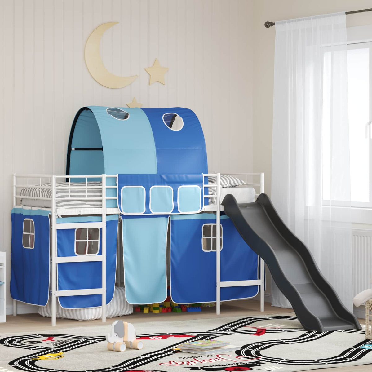 vidaXL Kids'Bunk Bed Frame with Curtains White and Blue 100 x 190 cm 1