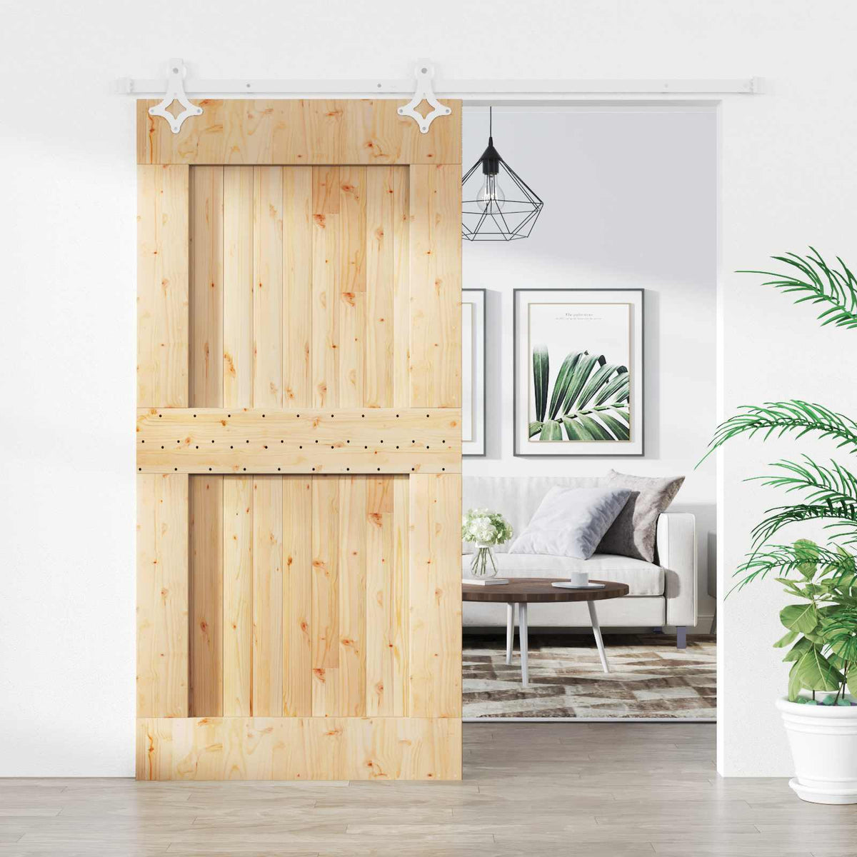 vidaXL Sliding Door Natural and White 100 x 210 cm Solid Pine Wood 1