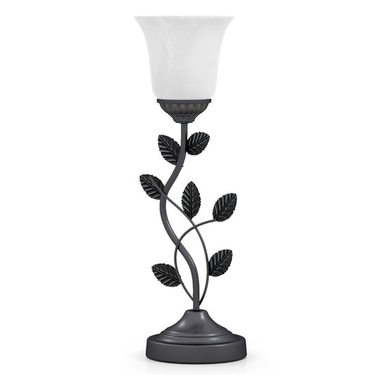Vintage Nightstand Lamp with Tulip Glass Lampshade and Metal Leaves-Black