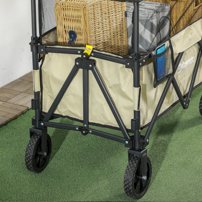 Outsunny Folding Garden Trolley, 180L Wagon Cart with Extendable Side Walls, for Beach, Camping, Festival, Khaki