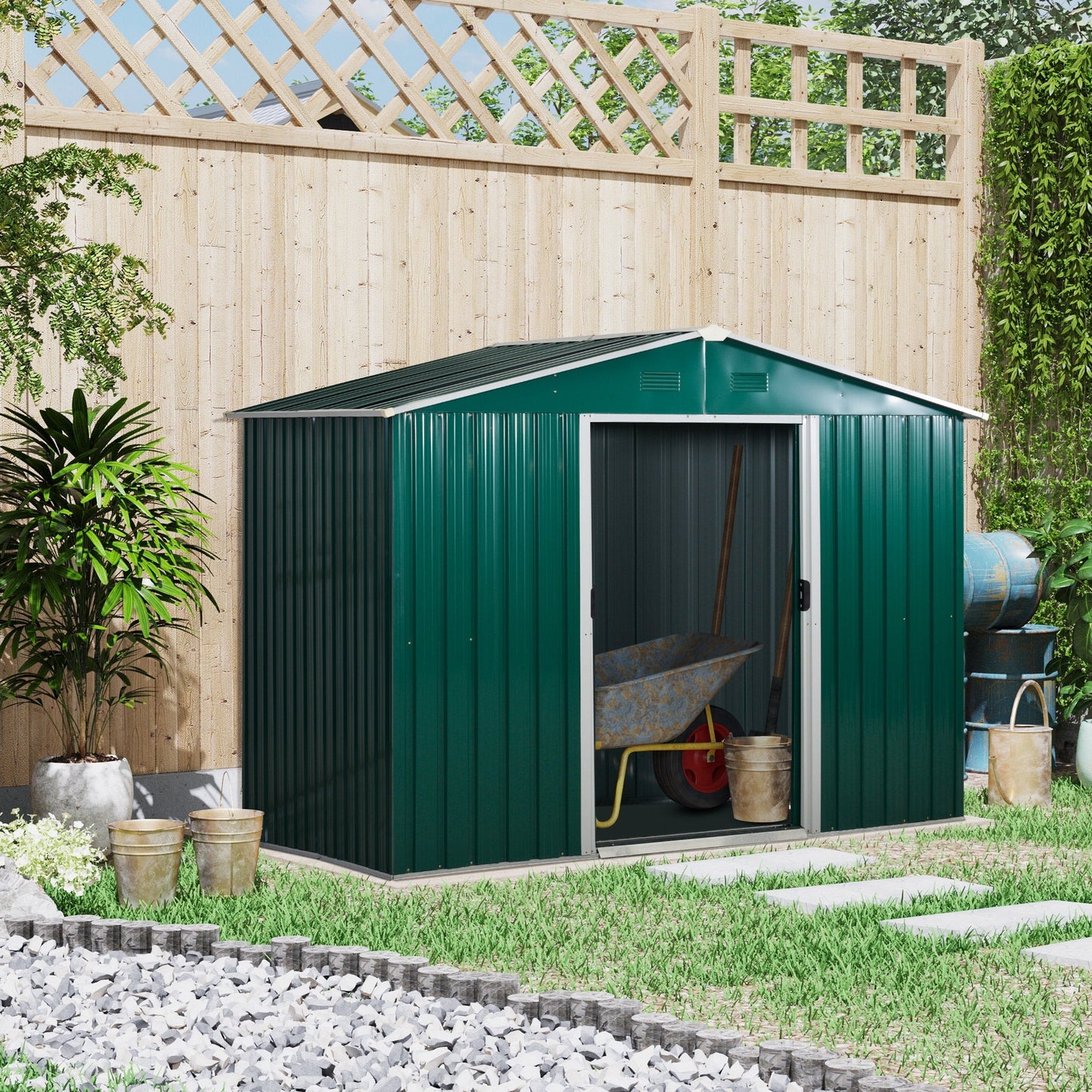 Outsunny 8 x 6 ft Metal Garden Storage Shed Corrugated Steel Roofed Tool Box with Ventilation and Sliding Doors, Green