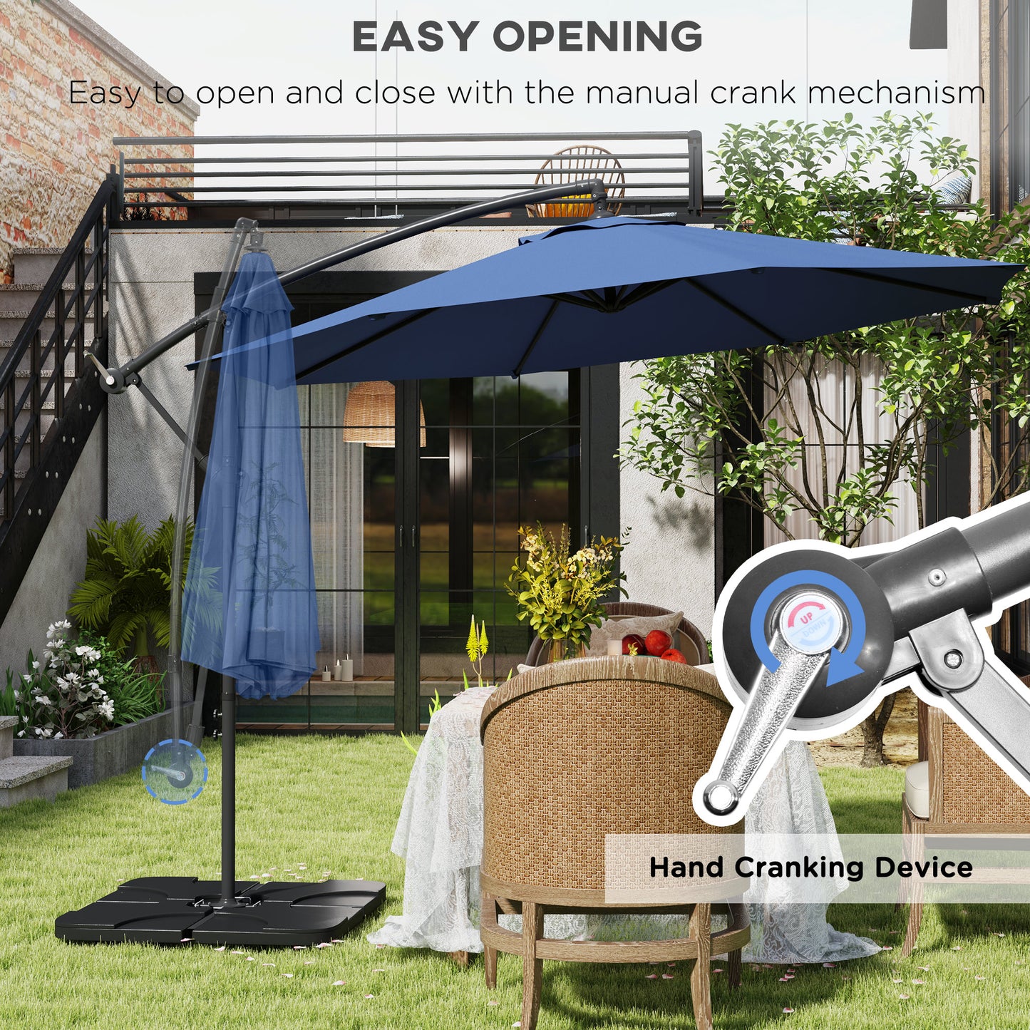 Parasol wiszący Outsunny 3m z podstawą, obciążnikami i pokrowcem – niebieski