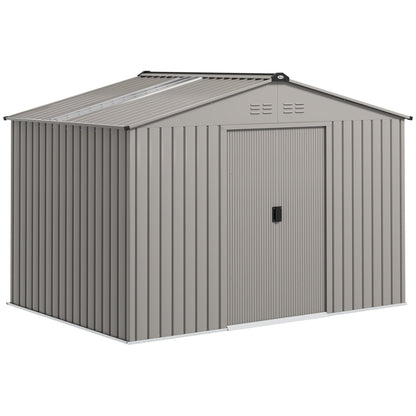 Outsunny Garden Storage Shed, Metal Outdoor Storage Shed House with Foundation Kit, Ventilation, Doors, 9 x 6FT, Grey