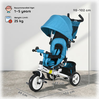 HOMCOM 6 in 1 Kids Trike with Parent Handle, Canopy, 5-point Seat Belt, Storage, Footrest, Brake, for 1-5 Years, Blue