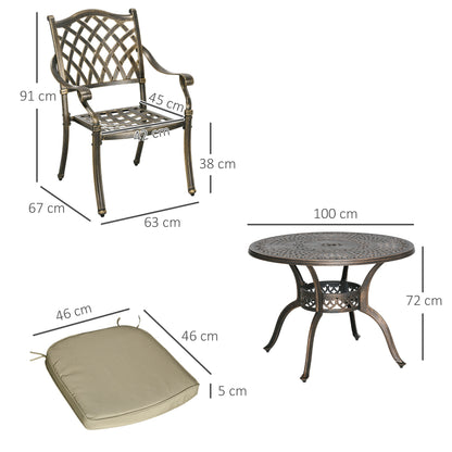 Outsunny 4-osobowy zestaw ogrodowy do jadalni z antycznego odlewu aluminiowego z poduszkami, okrągły stół jadalny z otworem na parasol, brąz