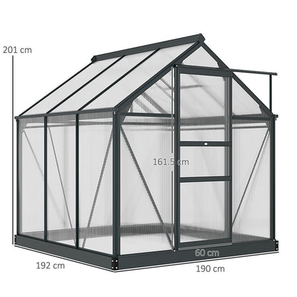 Outsunny 6 x 6ft Polycarbonate Greenhouse, Large Walk-In Green House with Slide Door and Window, Garden Plants Grow House with Aluminium Frame and Foundation, Grey