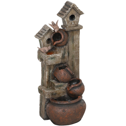 Outsunny 2-in-1 Waterfall Fountain with Birdhouse, Resin Garden Water Fountain with LED Lights Pump, Cascading Garden Water Feature with Tree Trunk Design, Multi-colour
