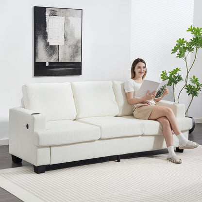 HOMCOM 3 Seater Sofa with USB Ports & Cup Holders - Cream White