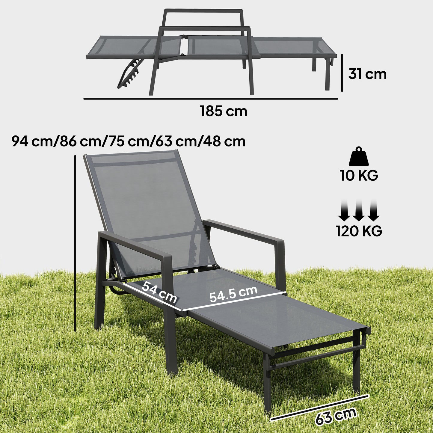 Outsunny Sun Loungers Set of 2 Retractable Footrest 5-Position Adjustable Steel Frame for Beach, Porch, Patio, Camping, Dark Grey