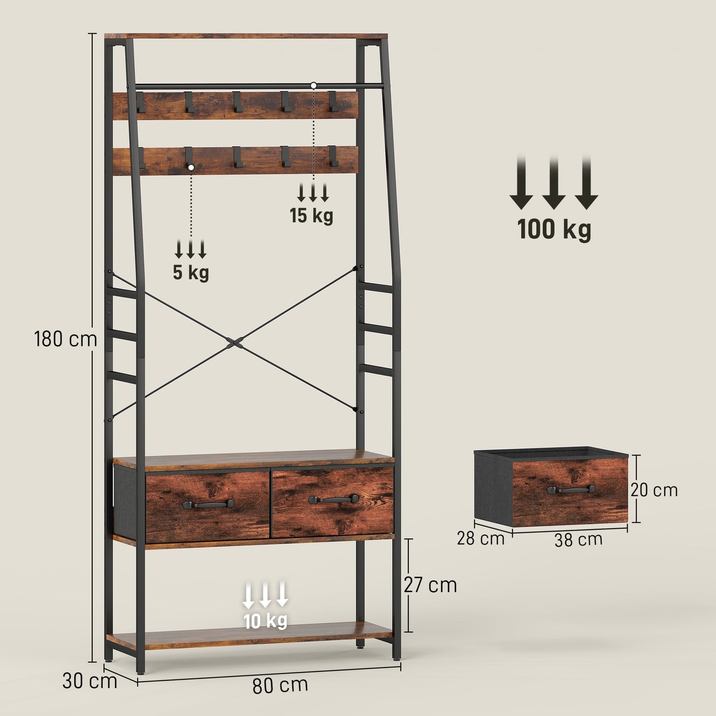 HOMCOM 6-in-1 Industrial-Style Hallway Organiser - Brown/Black