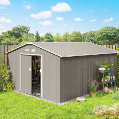 Outsunny 13 x 11 stóp Duża szopa ogrodowa, Mental Garden Storage Shed z zestawem fundamentowym, wentylacją i drzwiami, jasnoszary