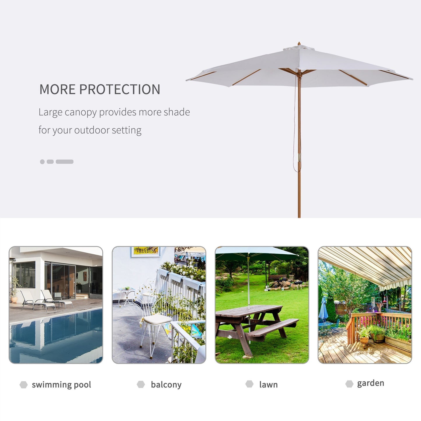 Outsunny 3(m) Fir Wooden Parasol Garden Umbrellas 8 Ribs Bamboo Sun Shade Patio Outdoor Umbrella Canopy, Cream White