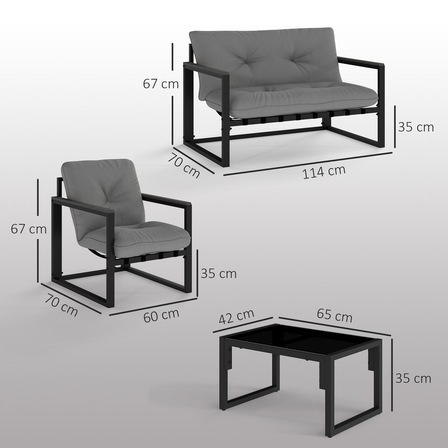 Zestaw mebli ogrodowych Outsunny, 4-częściowy zestaw do ogrodu zimowego z sofą dwuosobową, fotelami, szklanym stolikiem kawowym, poduszkami na balkon, przy basenie, na patio, ciemnoszary