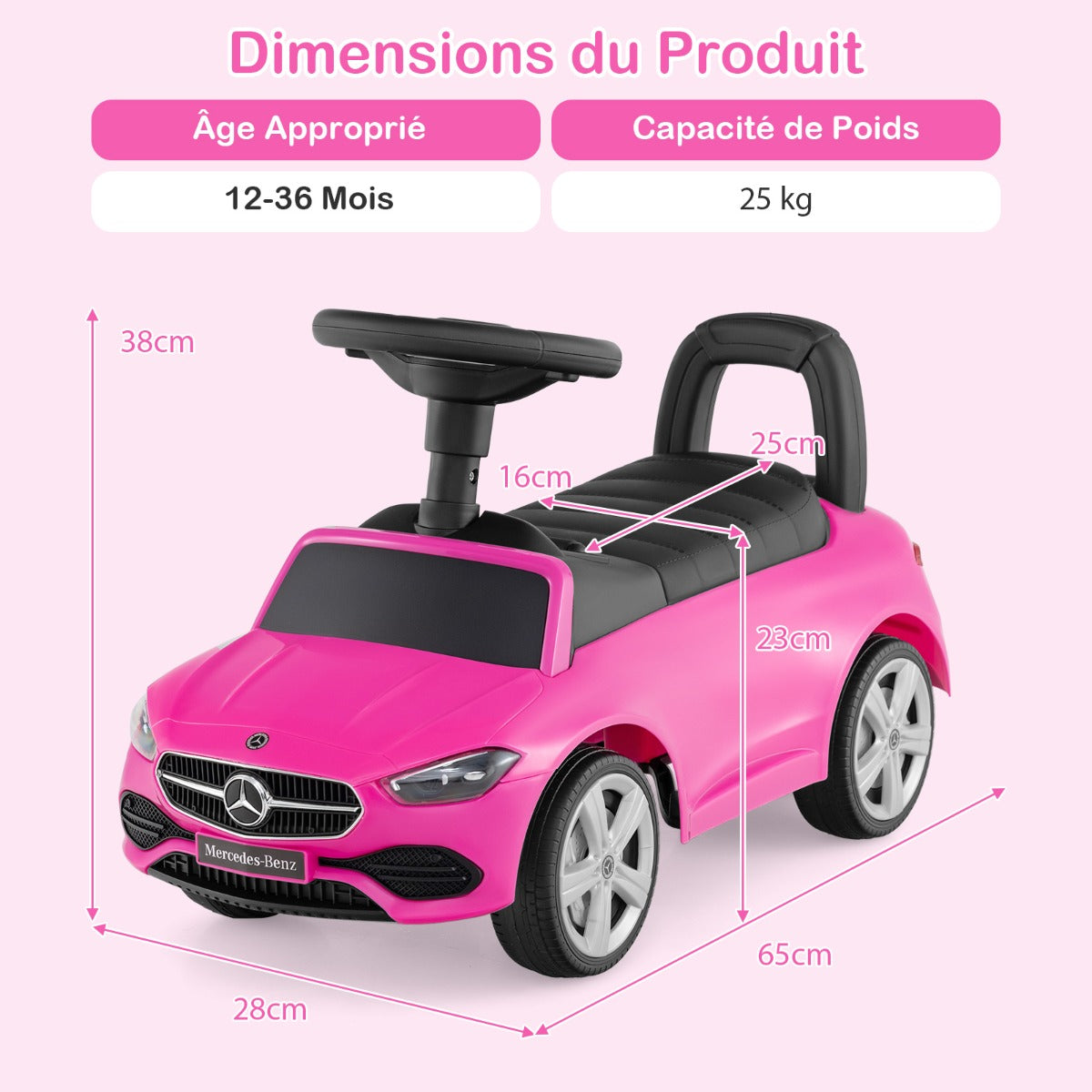 Mercedes-Benz licensed driving toy with steering wheel &amp; storage space ride-on car pink