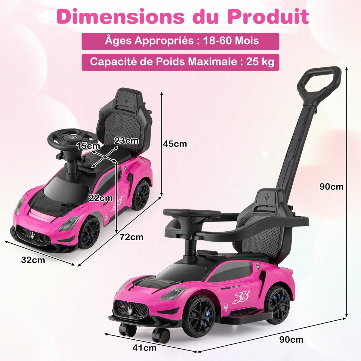 3-in-1 Ride on Push Car with 2 Universal Wheels, Music Steering, Guardrail and Handlebar-Pink