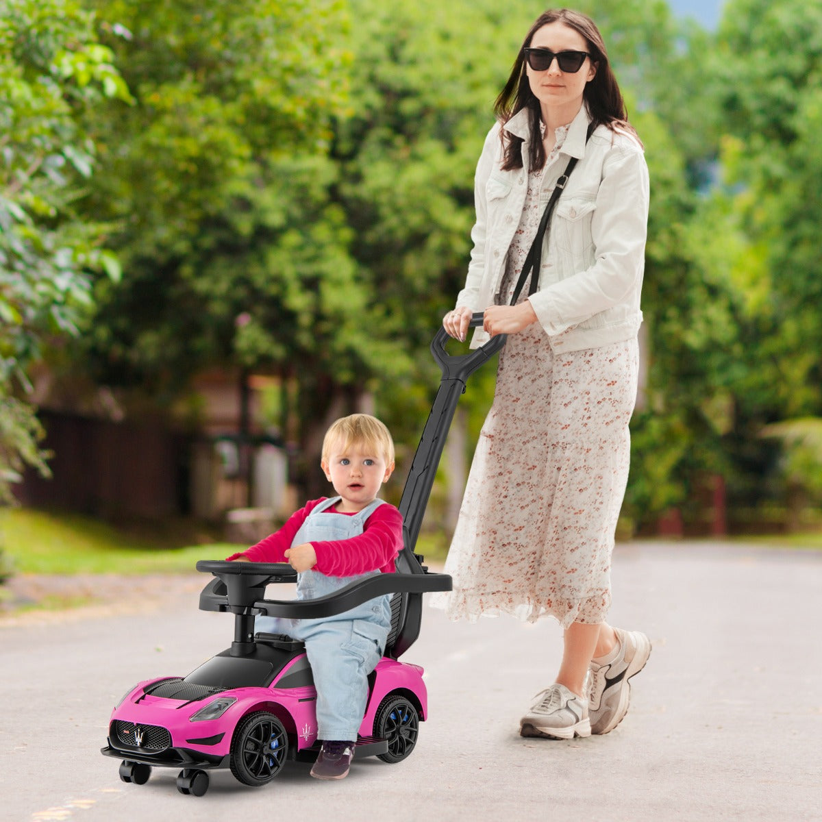 3-in-1 Ride on Push Car with 2 Universal Wheels, Music Steering, Guardrail and Handlebar-Pink