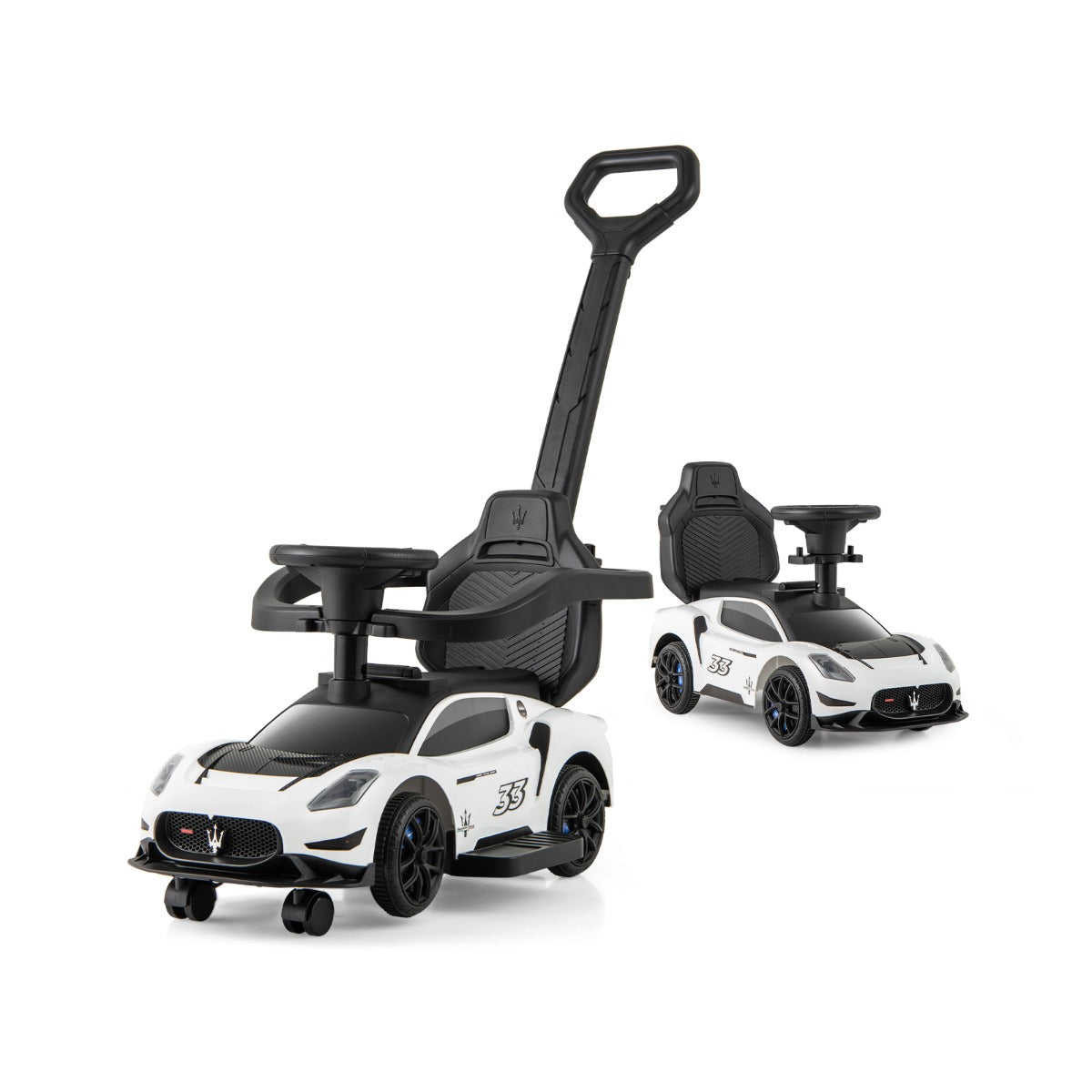 3-in-1 Ride on Push Car with 2 Universal Wheels, Music Steering, Guardrail and Handlebar-White