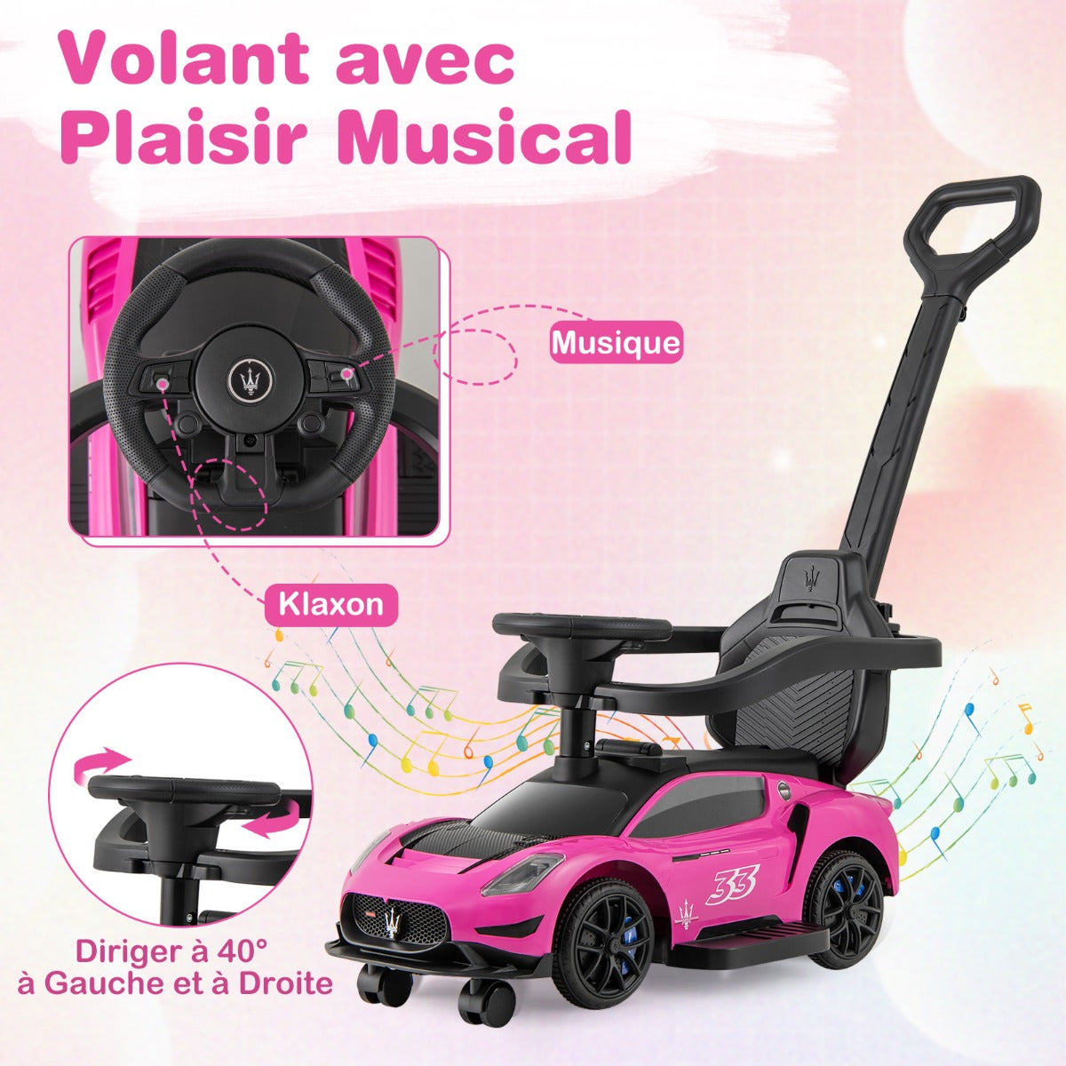 3-in-1 Ride on Push Car with 2 Universal Wheels, Music Steering, Guardrail and Handlebar-Pink