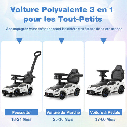 3-in-1 Ride on Push Car with 2 Universal Wheels, Music Steering, Guardrail and Handlebar-White