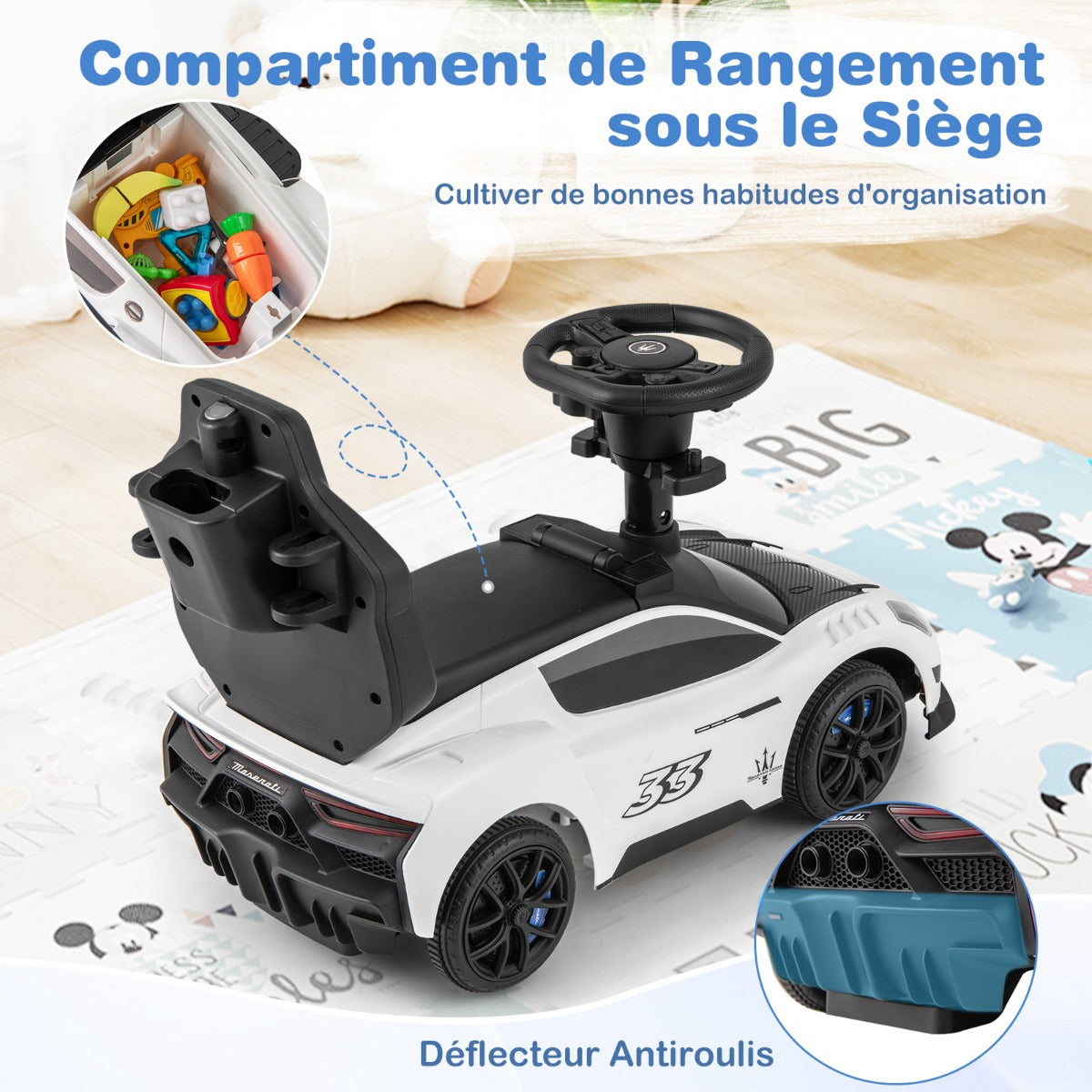 3-in-1 Ride on Push Car with 2 Universal Wheels, Music Steering, Guardrail and Handlebar-White