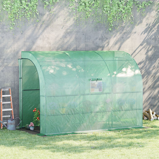 Outsunny Walk-In Lean to Greenhouse z oknami i drzwiami zamykanymi na suwak, 2 poziomy, 6 półek z siatki, 300L x 150W x 213Hcm, zielony