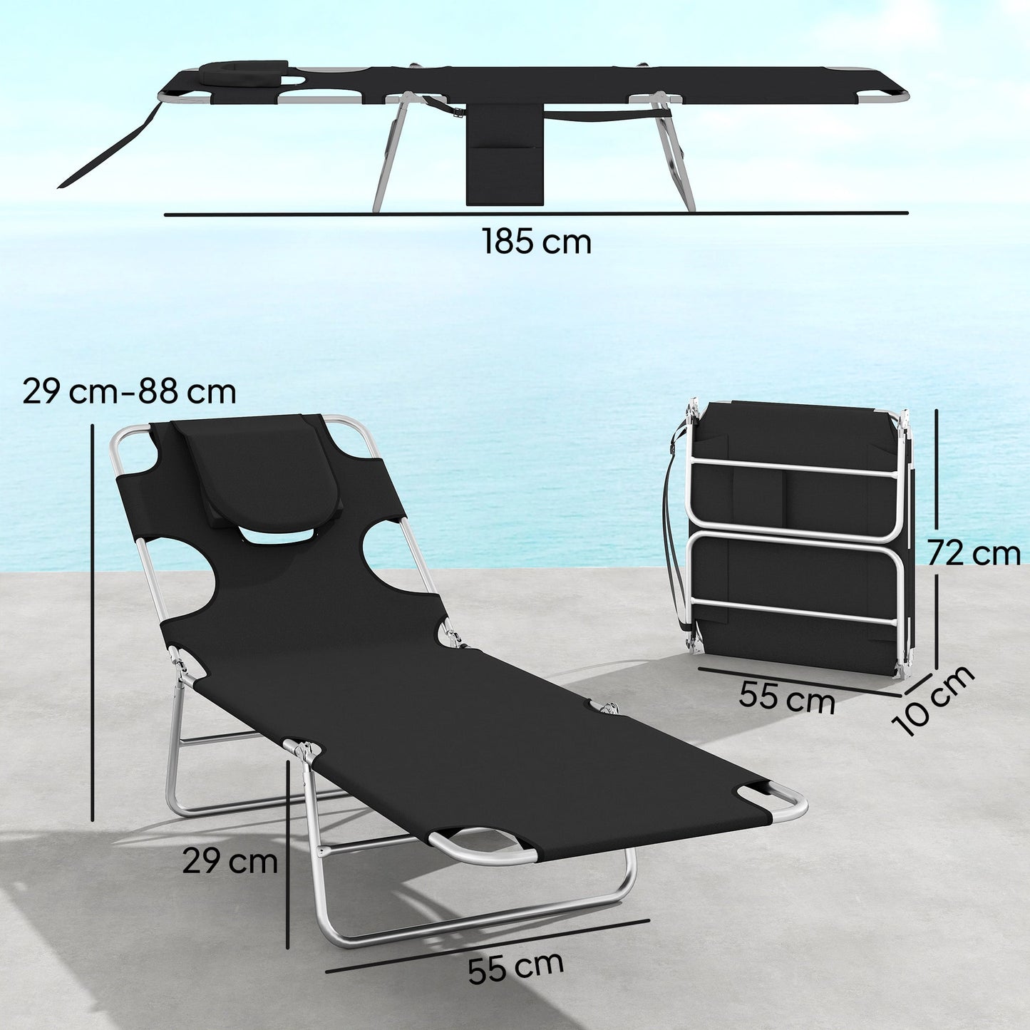 Outsunny 5-Position Adjustable Sun Loungers Set of 2 with Reading Hole and Side Pocket, Black