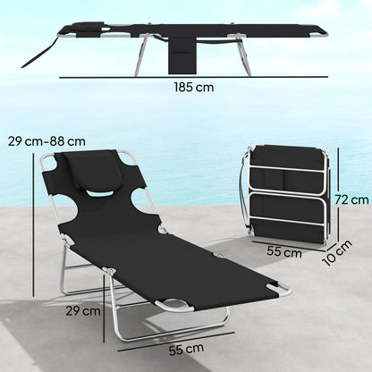 Outsunny 5-Position Adjustable Sun Loungers Set of 2 with Reading Hole and Side Pocket, Black