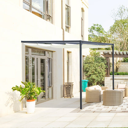 Outsunny 3 x 3(m) Pergola zewnętrzna z rozkładanym baldachimem, altana ścienna, zadaszenie tarasu, osłona przeciwsłoneczna, kremowo-biała