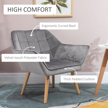 HOMCOM Armchair Accent Chair, Vanity Chair with Wide Arms, Slanted Back, Padding, Metal Frame, Wooden Legs, Home Bedroom Furniture Seating, Grey