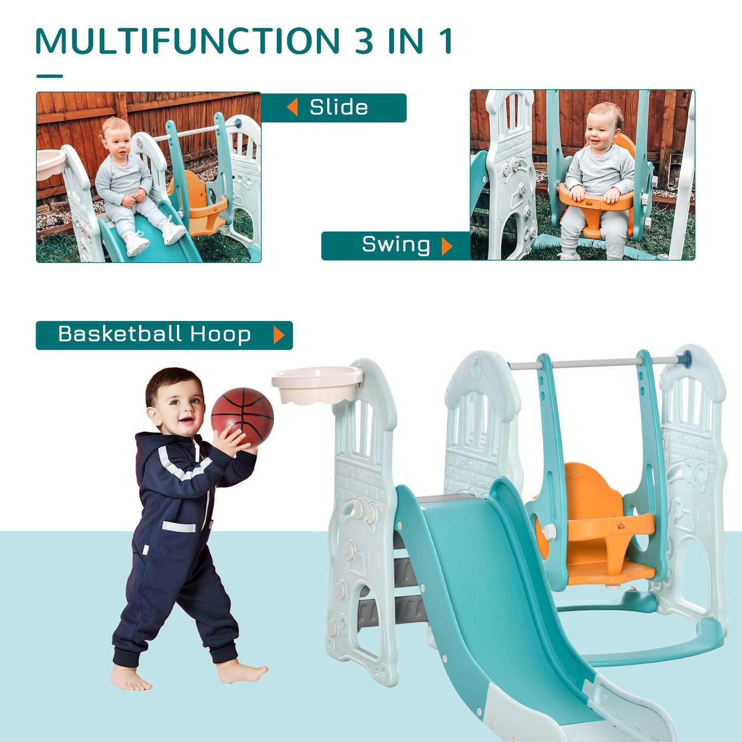 HOMCOM 3 in 1 Kids Slide and Swing Set Playset Activity Center with Basketball Hoop Adjustable Height Water-fillable Base Toddler Climber Playground Indoor Outdoor Exercise Toy