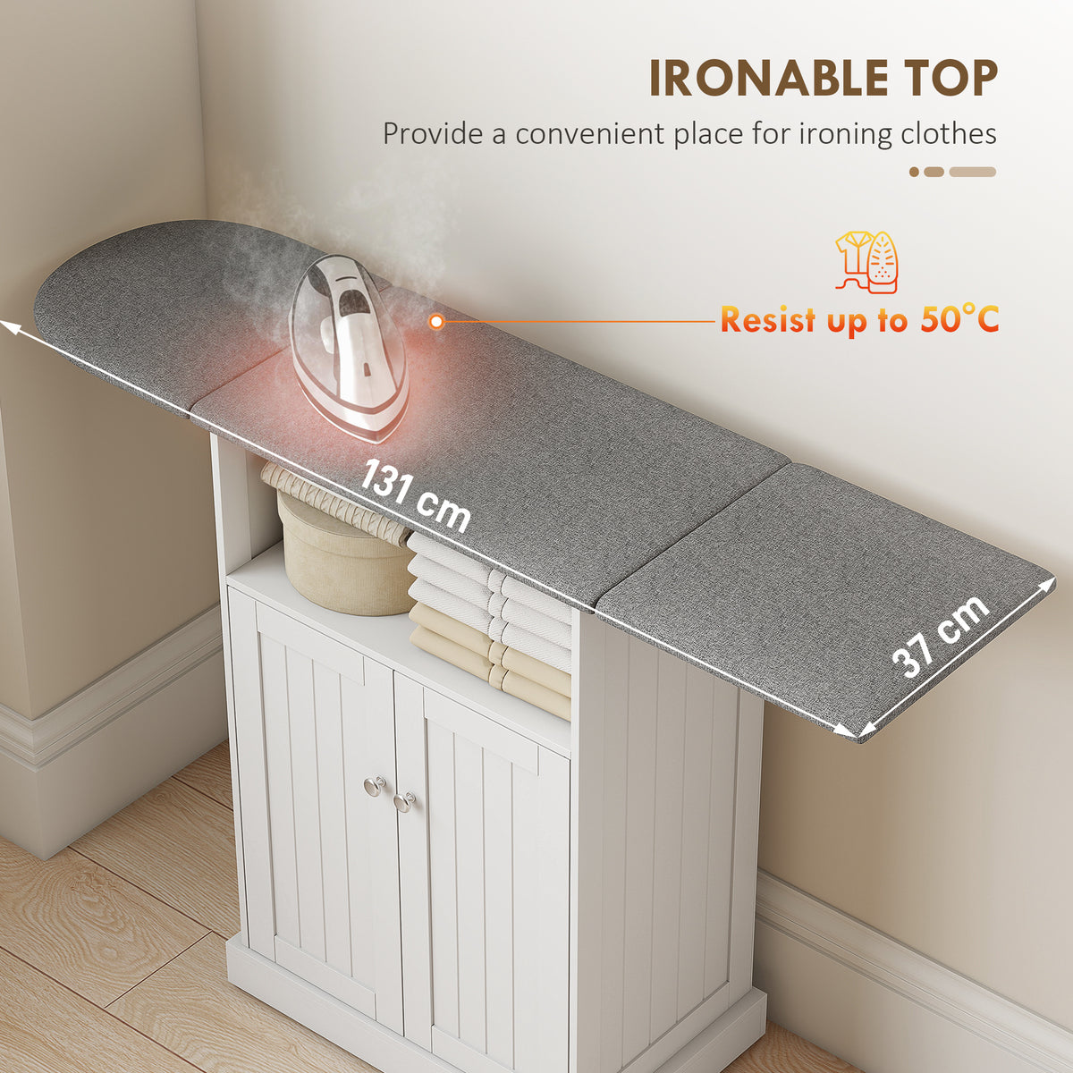 HOMCOM Ironing Board Cabinet on Wheels with Foldable Top, Mobile Storage Cabinet with Ironing Board, Open Compartment, White