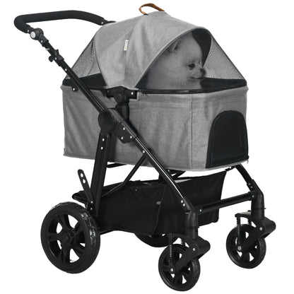 عربة أطفال PawHut Dog Pram للحيوانات الأليفة للكلاب الصغيرة والقطط، عربة قابلة للطي للكلاب مع حقيبة حمل للحيوانات الأليفة قابلة للفصل، ممتص للصدمات، مقود قابل للتعديل، رمادي