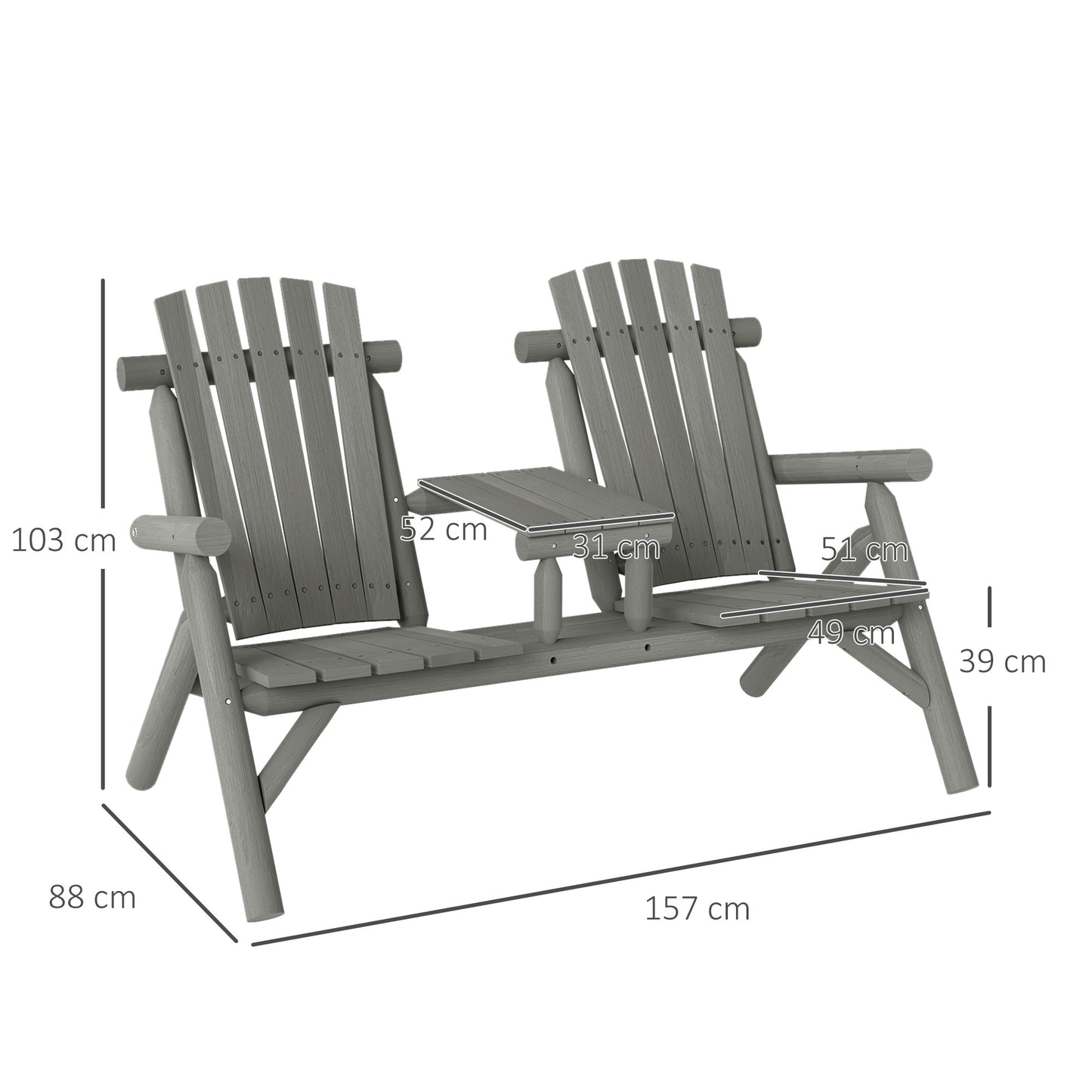 Outsunny Wood Patio Chair Bench 2 Seats w/ Centre Coffee Table, Garden Bench, Grey
