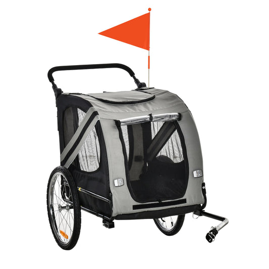 PawHut Dog Bike Trailer 2-in-1 Pet Stroller Cart Bicycle Carrier Attachment for Travel in steel frame with Universal Wheel Reflectors Flag Grey