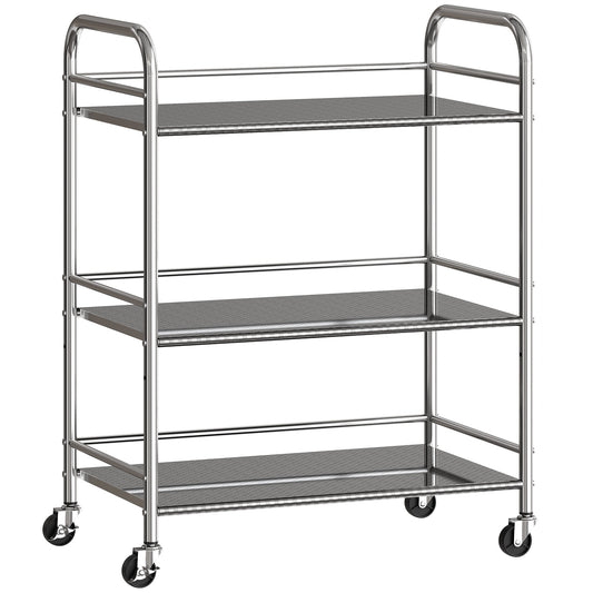 HOMCOM 3 Tier Stainless Steel Kitchen Storage Trolley with Adjustable Shelf - Silver