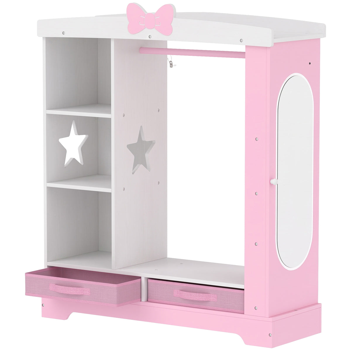AIYAPLAY Kids Wardrobe with Lighted Mirror, Clothes Rail, Jewelry Cabinet, Shelves, Storage Boxes for Bedroom, Nursery, Pink