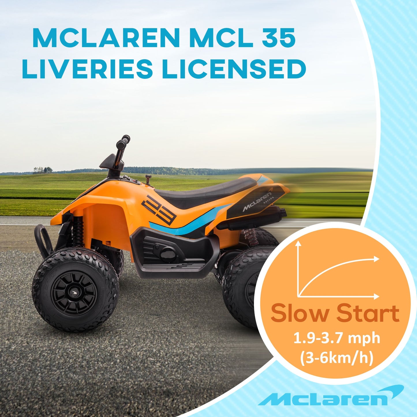 HOMCOM McLaren Licensed 12V Quad Bike, with Music, Headlights, MP3 Slot, Suspension Wheels, for Ages 3-8 Years - Orange