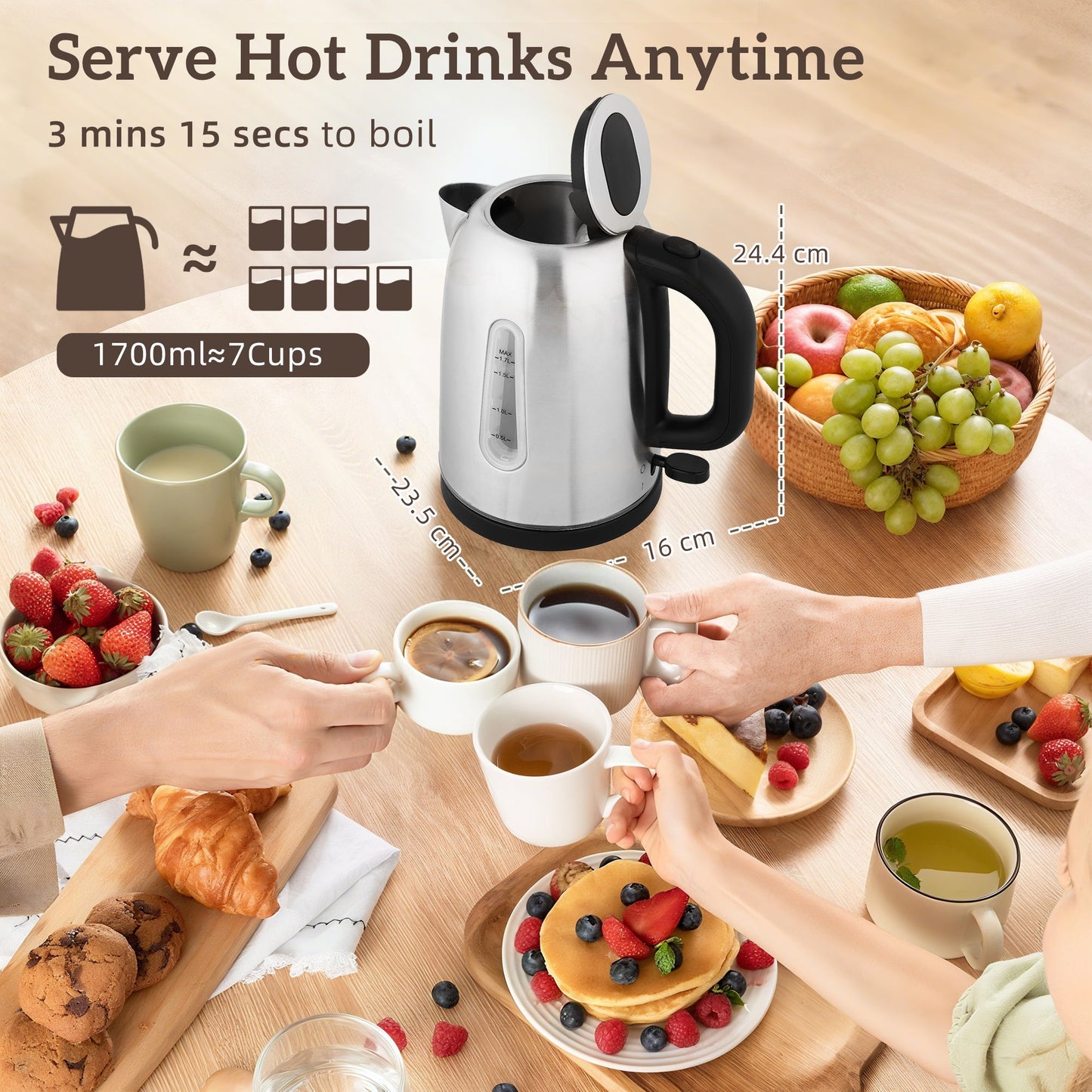 HOMCOM Kettle and Toaster Set, 1.7L 3000W Rapid Boil Jug Kettle with Otter Thermostat, Limescale Filter, 4 Slice Toaster with 7 Browning Controls, Crumb Tray, LED Strip, Silver Tone