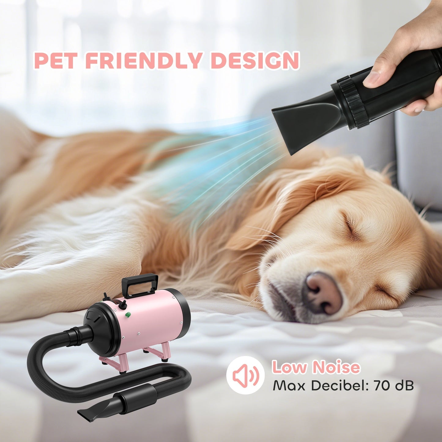 PawHut 2200W Dog Hair Dryer with Adjustable Temperature & Velocity, 3 Different Nozzles, Pink