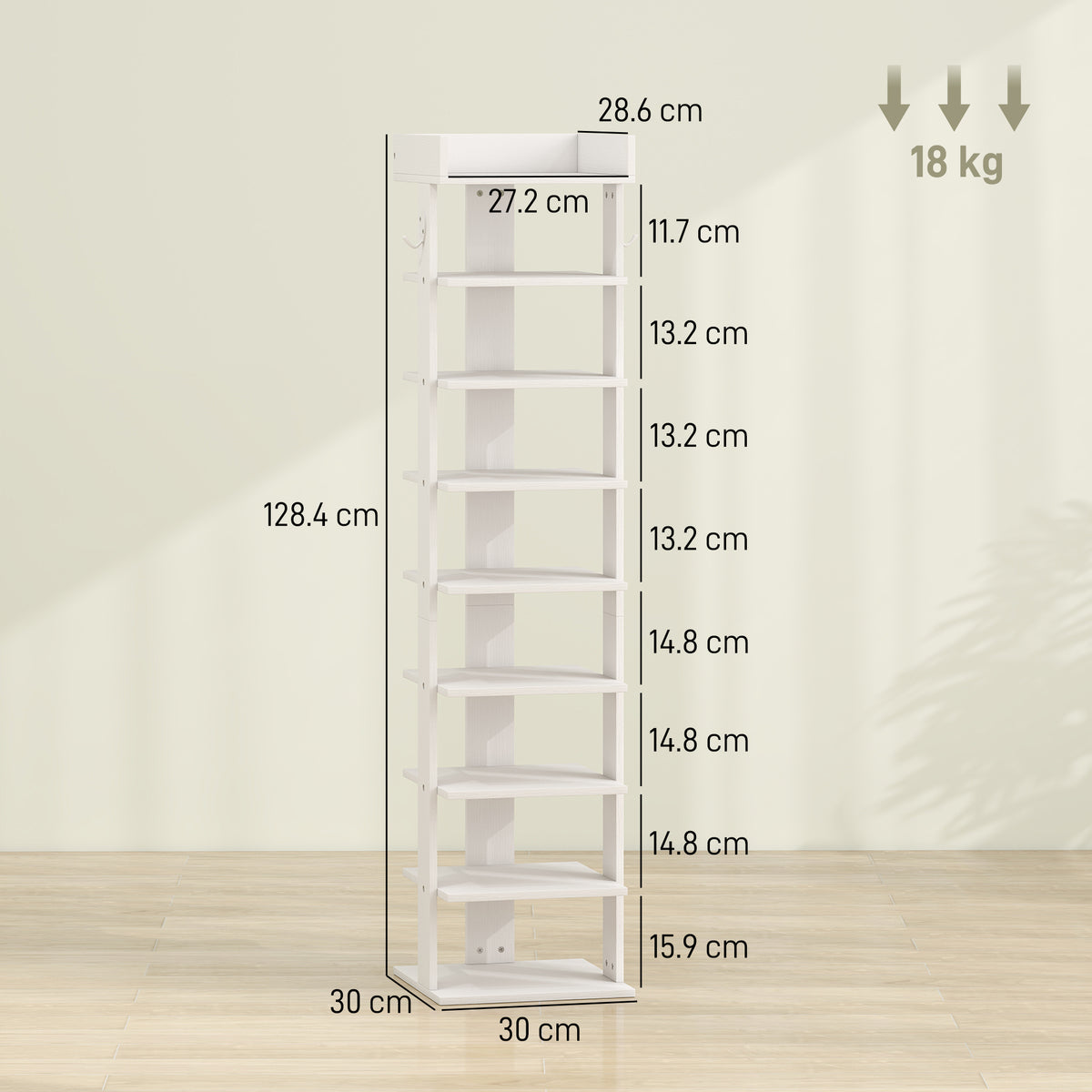 HOMCOM Shoe Rack 9-Tier Shoe Storage Organiser Top Tray Guardrail 2 Hooks 30 x 30 x 128.4 cm White