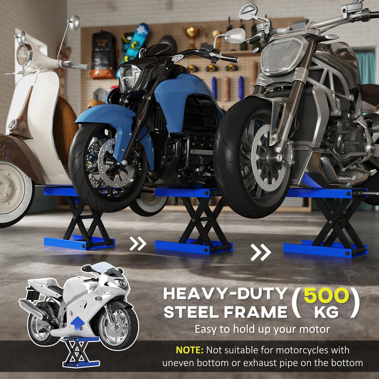 DURHAND 500KG Motorcycle Lift Scissor Jack, Height Adjustable Motorbike Stand with Anti-Slip Wide Deck, Heavy Duty Steel Motorbike Repair Lift Hoist Stand for Home Garage, Blue