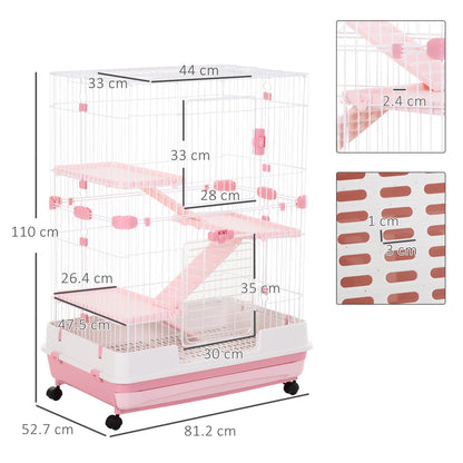 PawHut Four-Tier Small Animal Cage, for Bunnies, Ferrets, Chinchillas w/ Wheels, Tray - Pink