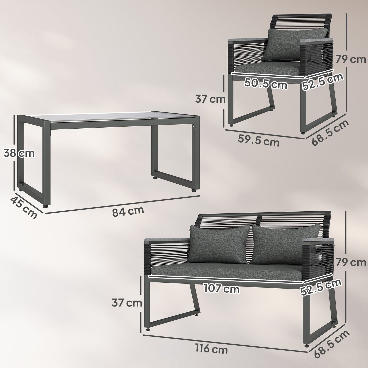 Outsunny 4 Pieces Rattan Garden Furniture Set - Charcoal Grey