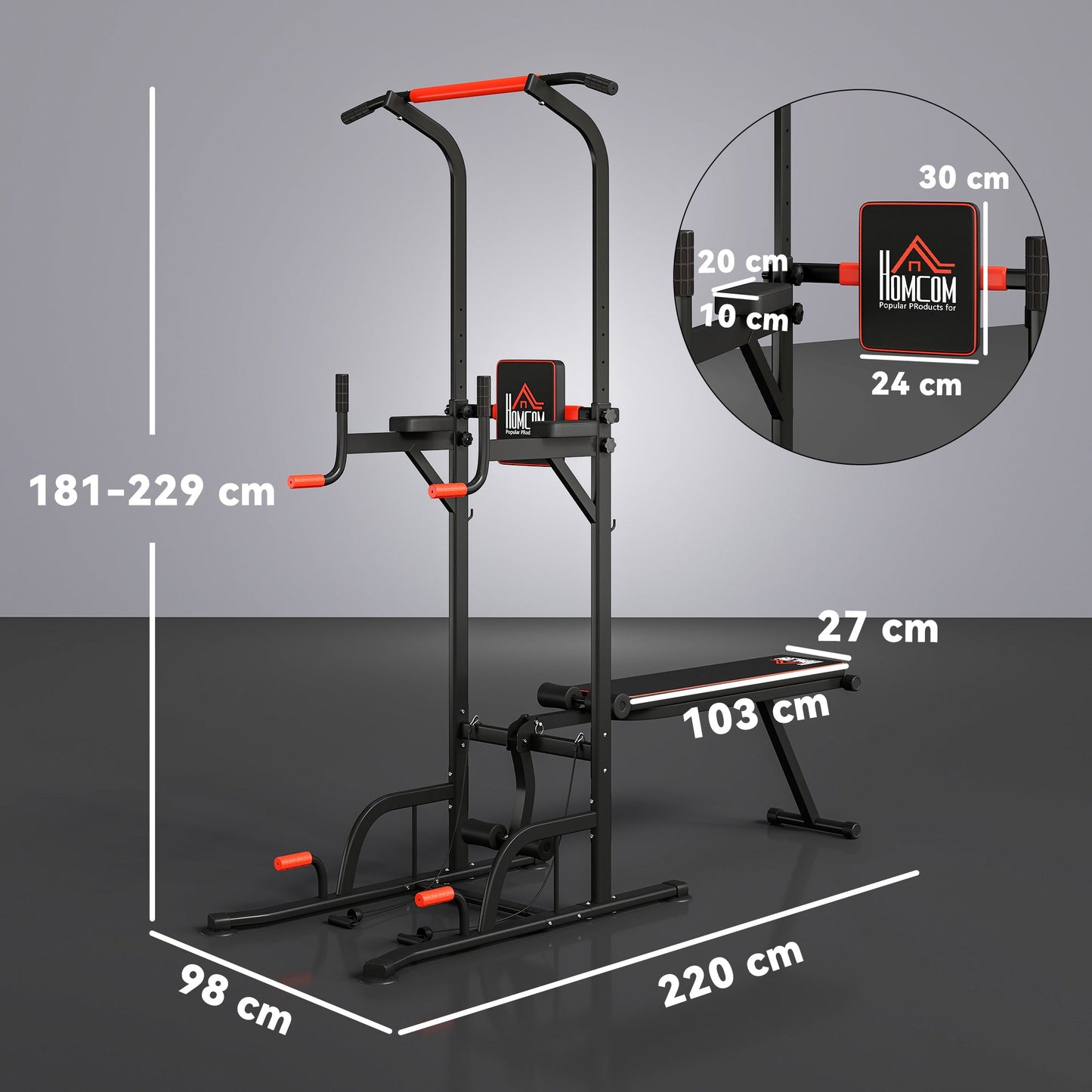 HOMCOM Multifunction Power Tower Home Workout Dip Station w/ Sit-up Bench Push-up Bars and Tension Ropes Fitness Equipment Office Gym Training