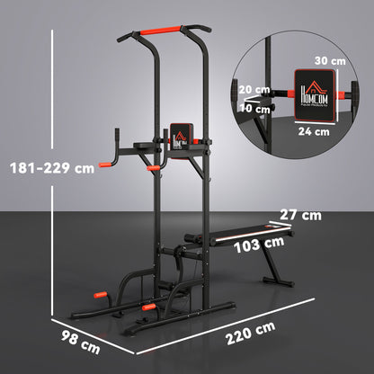 HOMCOM Multifunction Power Tower Home Workout Dip Station w/ Sit-up Bench Push-up Bars and Tension Ropes Fitness Equipment Office Gym Training