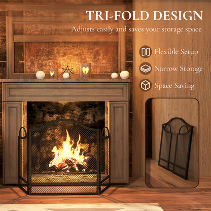 HOMCOM Floral 3-Panel Folding Fireplace Screen for Hearth Protection, Heat-Resistant Metal Fire Spark Guard, Black