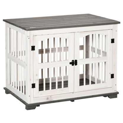 PawHut Wooden Dog Crate Furniture Pet Kennel Cage End Table for Small Medium Dogs, Indoor, White, 85.5 x 59.5 x 68 cm