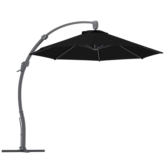 Outsunny 3(m) Garden Cantilever Parasol, Round Overhanging Umbrella with Crank Handle, Cross Base, Aluminium Frame and 360 Rotation, Banana Patio Umbrella for Outdoor Sun Shade, Black